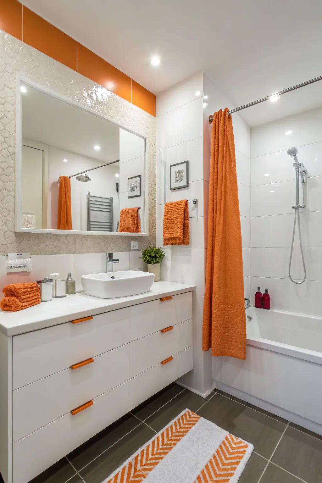 An elegant bathroom in white and orange with uncluttered lines.