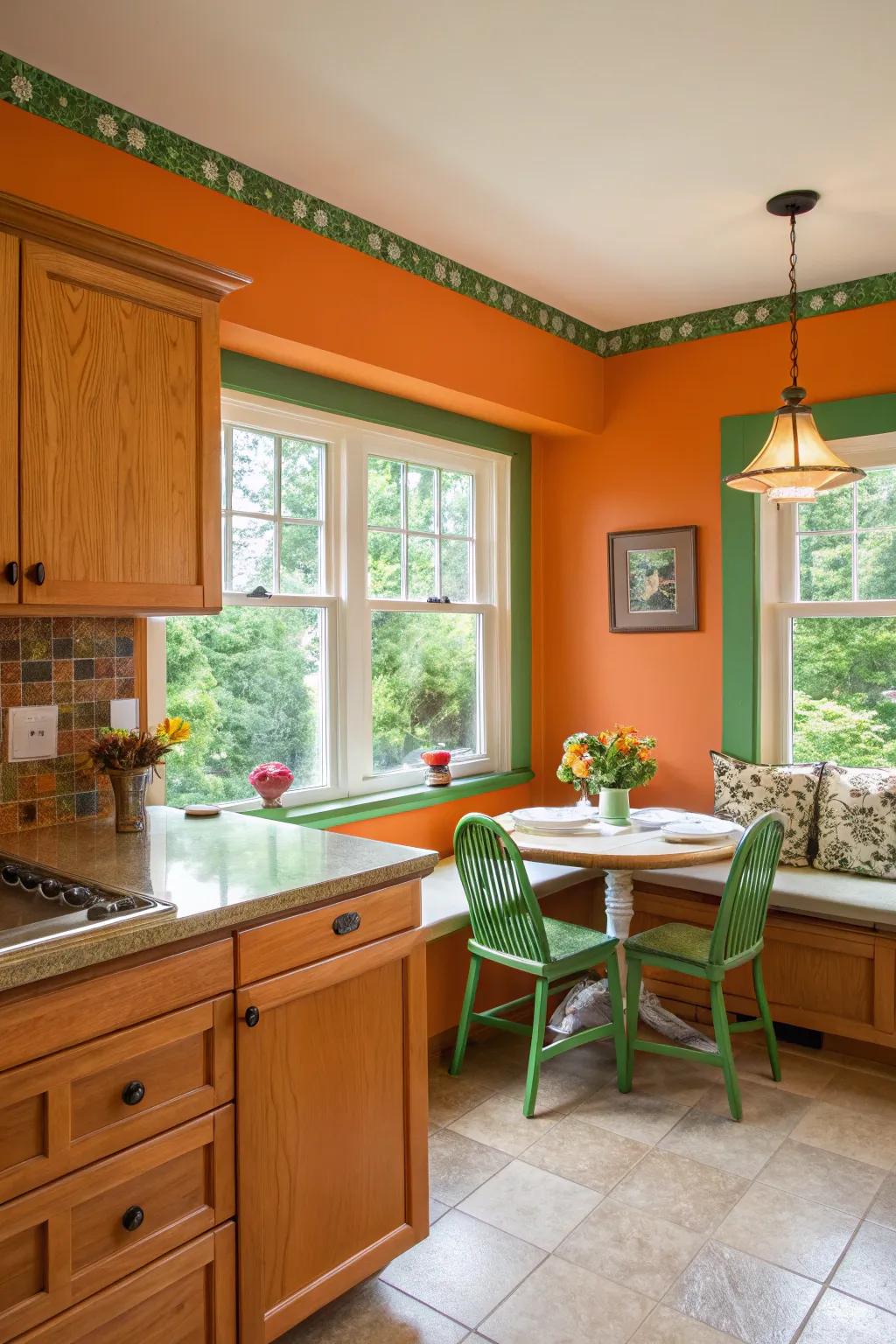 A cooking area that feels like a radiant sanctuary with its tangerine and verdant color scheme.