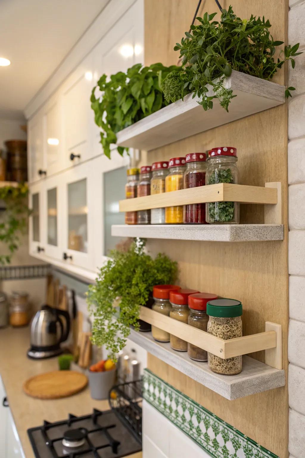Wall shelves introduce design and storage to the kitchen.