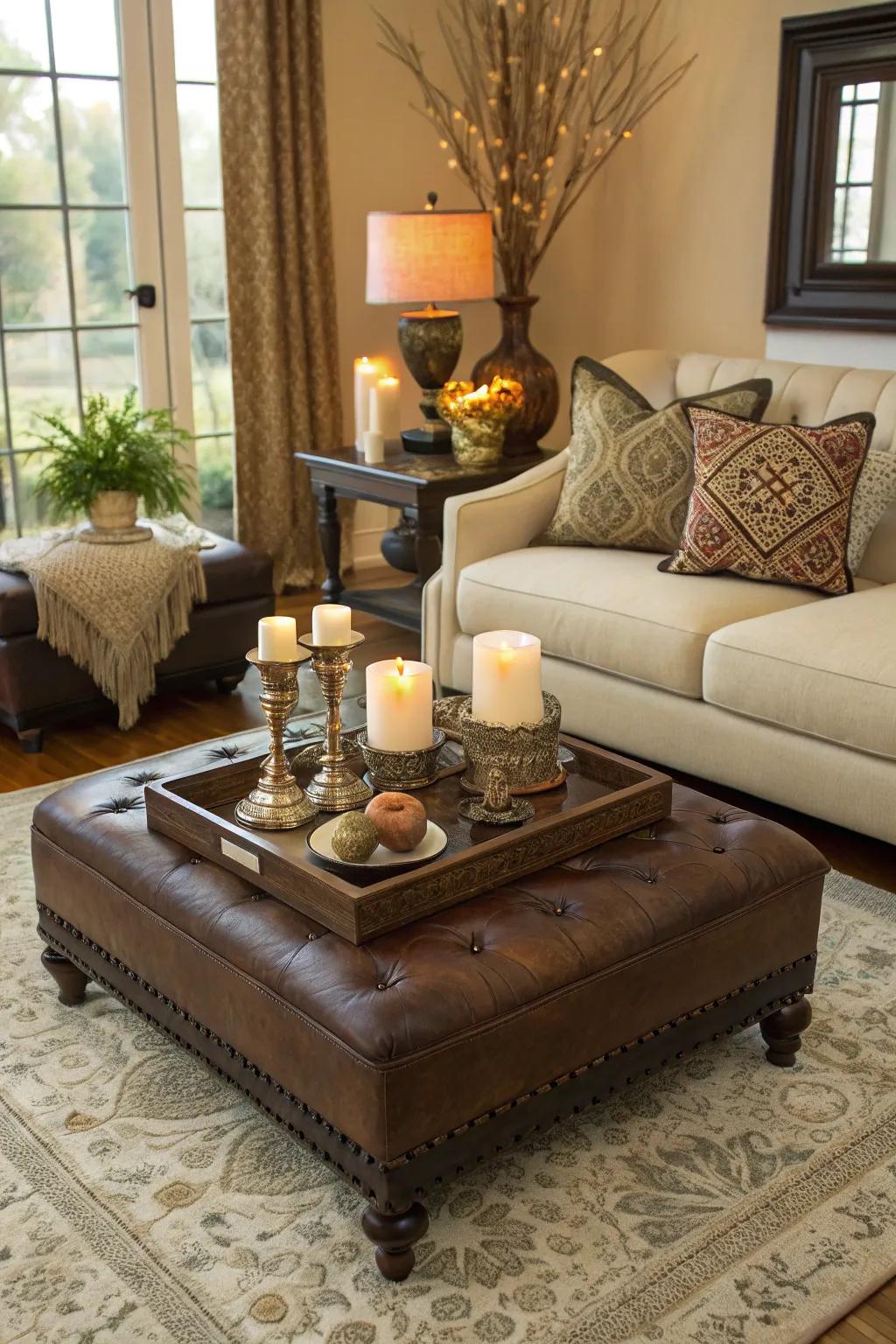 An ottoman beautifully adorned with decorative accents.