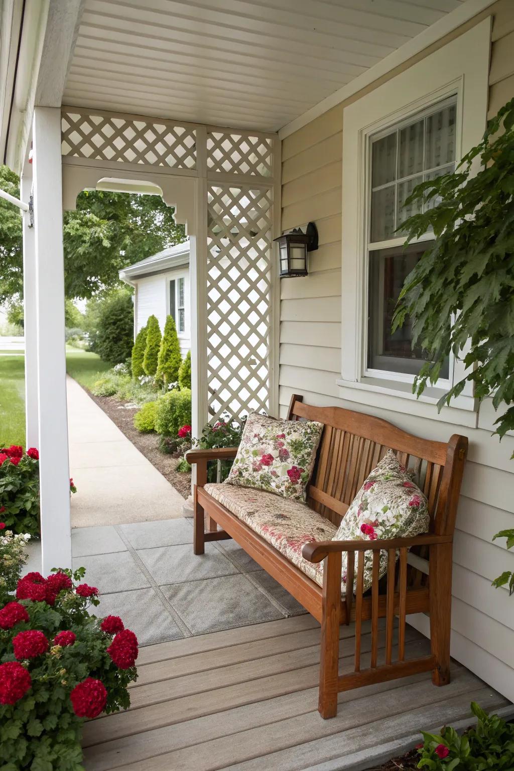 A bench furnishes a hospitable locale for repose and appreciation of the vista.