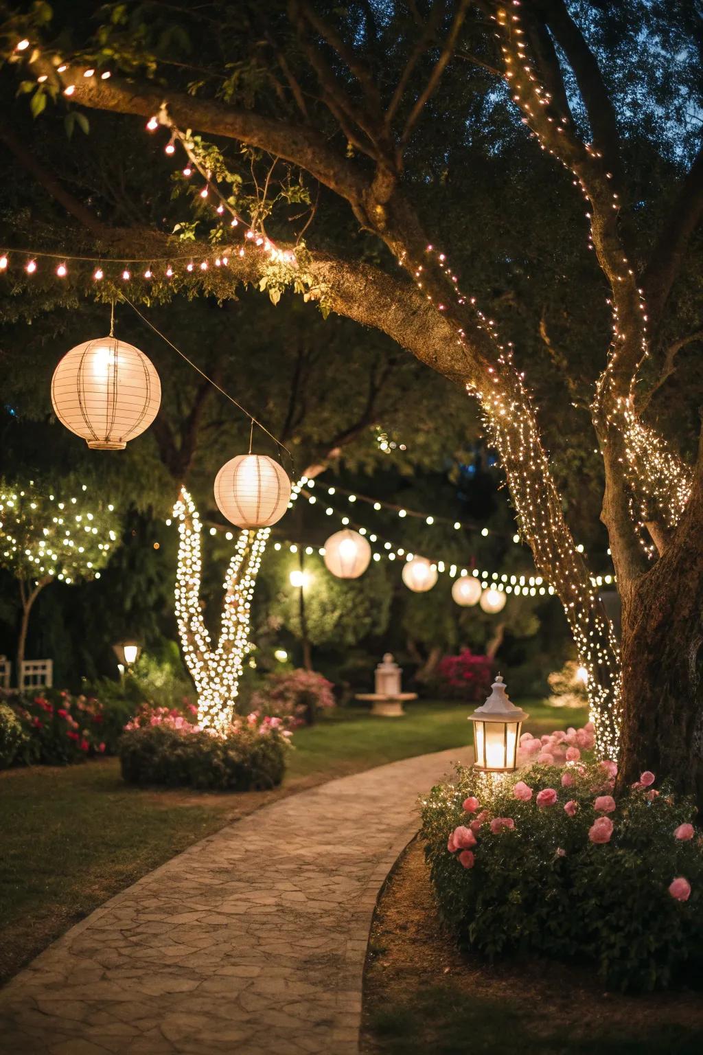 A garden altered by the gentle radiance of ambient lighting.
