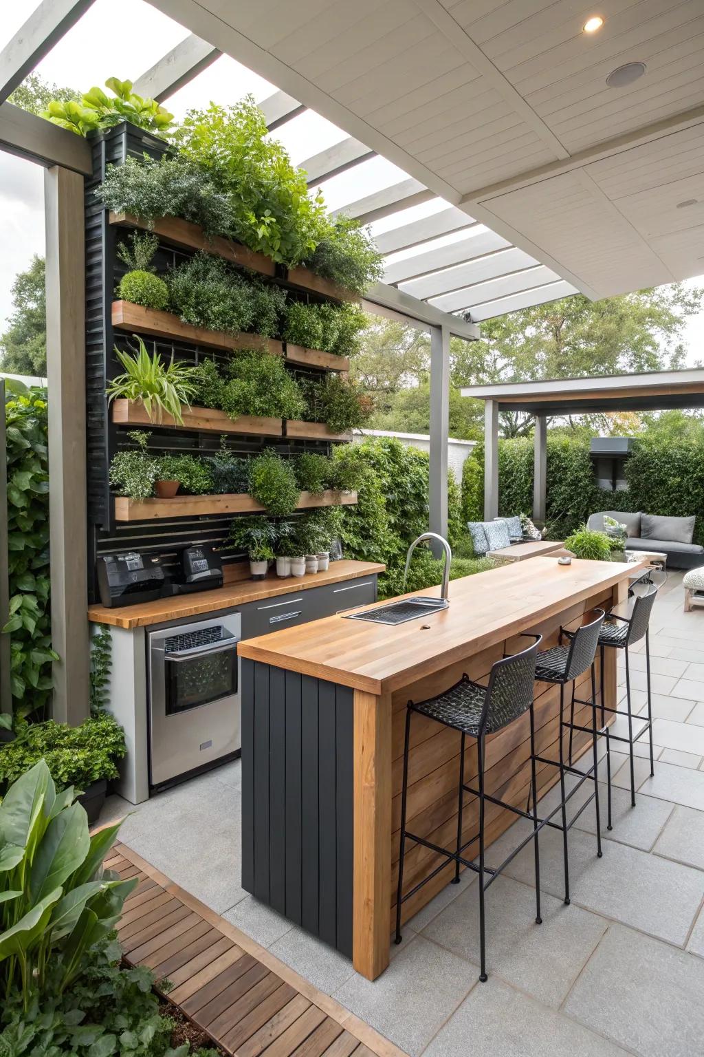 Greenery infuses vitality and vibrancy into your outdoor kitchen bar.