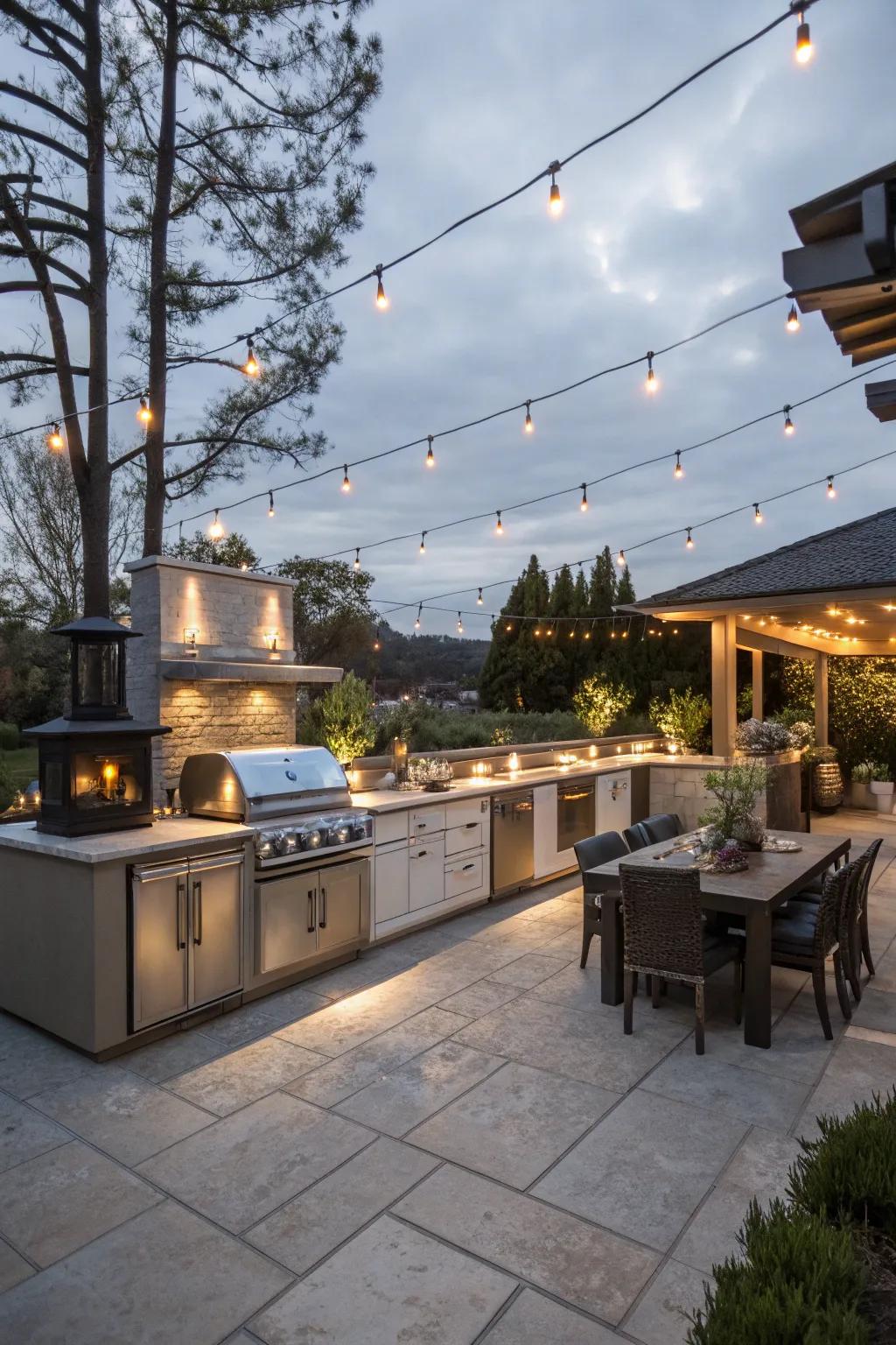 Layered illumination introduces profundity and dimension to open-air kitchens.