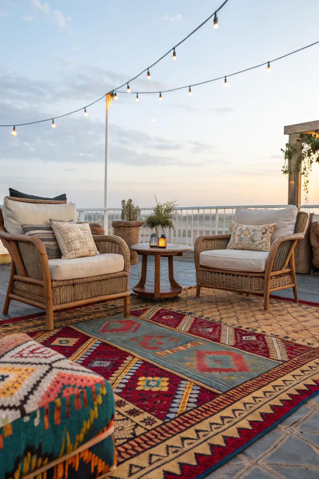 Exterior floor coverings delineate expanses and introduce vibrant hue.