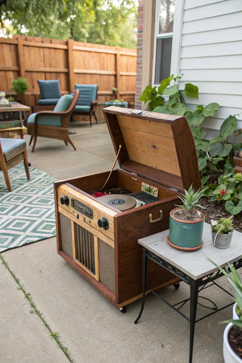 A repurposed antique chest infuses allure and antiquity into your outdoor audio array.