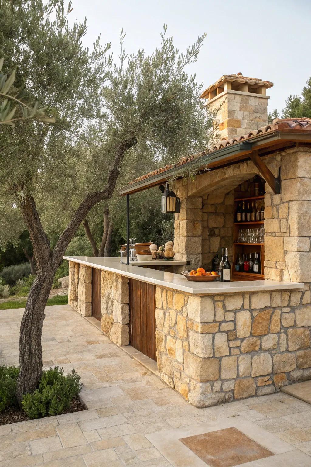 A Mediterranean stone bar accented with lively pieces.