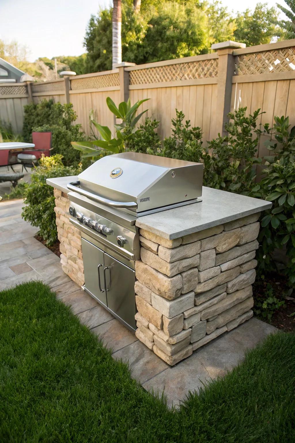 A layered stone BBQ grill presents a distinctive fusion of the rustic and modern.