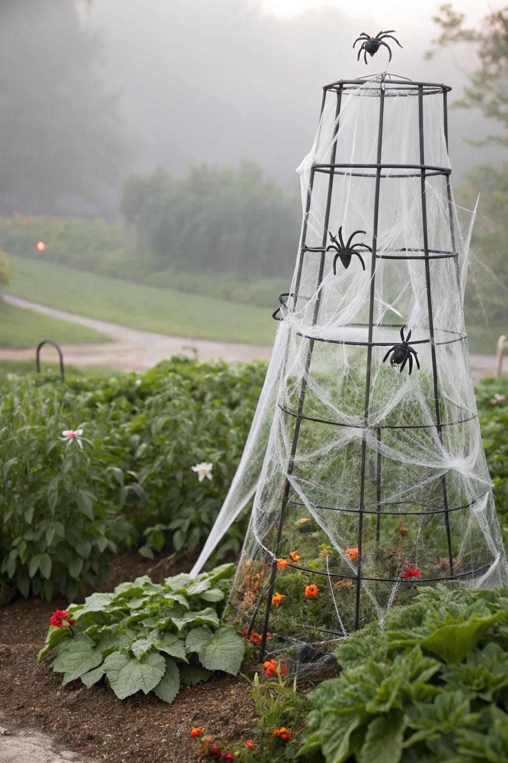 Venture into the spider's sanctum with this enmeshed <strong><em>tomato cage</em></strong> embellishment.” loading=”lazy” class=”pimg”>
	</picture><figcaption>Venture into the spider’s sanctum with this enmeshed <strong><em>tomato cage</em></strong> embellishment.</figcaption></figure>
<p>Enclose your <strong><em>tomato cage</em></strong> in simulated spider strands and affix artificial arachnids for a creepy-crawly consequence. I relish positioning this adjacent to the entryway for utmost frightful impact!</p>
<h3>May just do the trick:</h3>
<ul class=