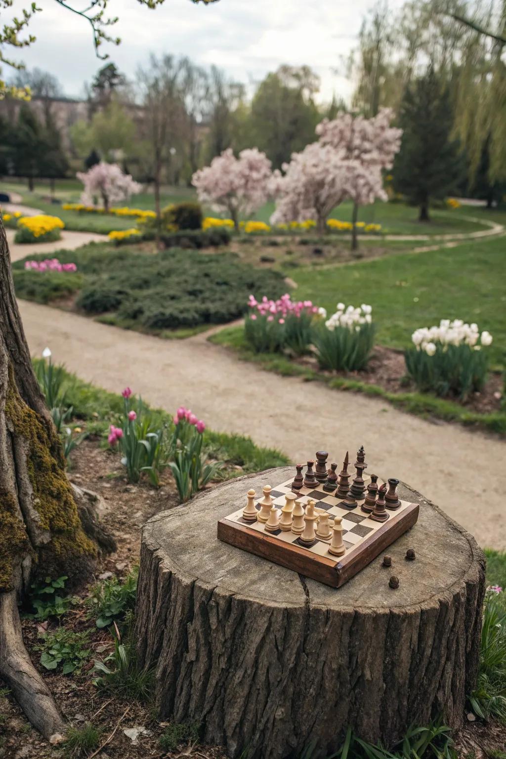 A stump-turned-game board encourages outdoor recreation and amusement.
