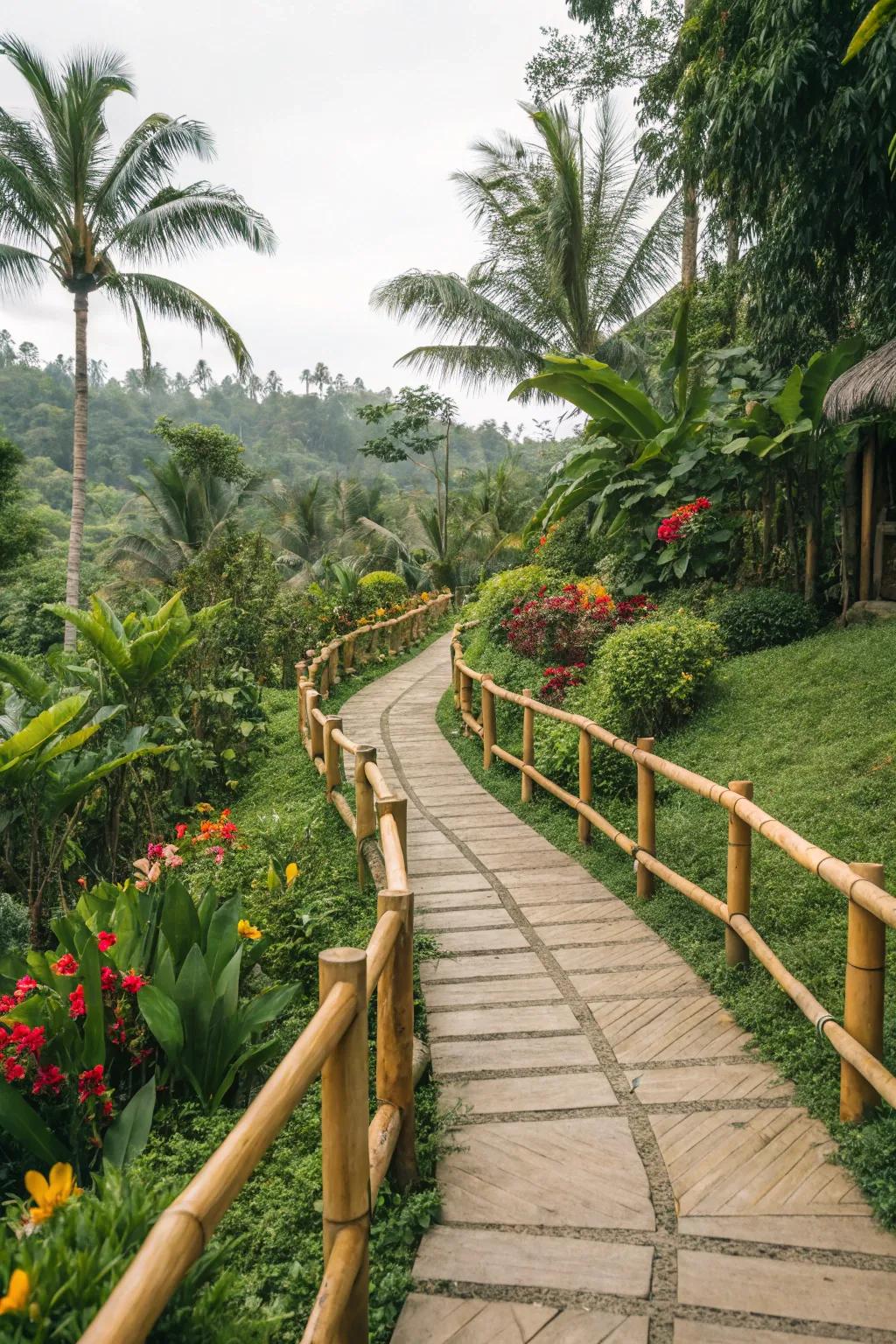 Bamboo barriers lend an eco-friendly, exotic touch to pathways.