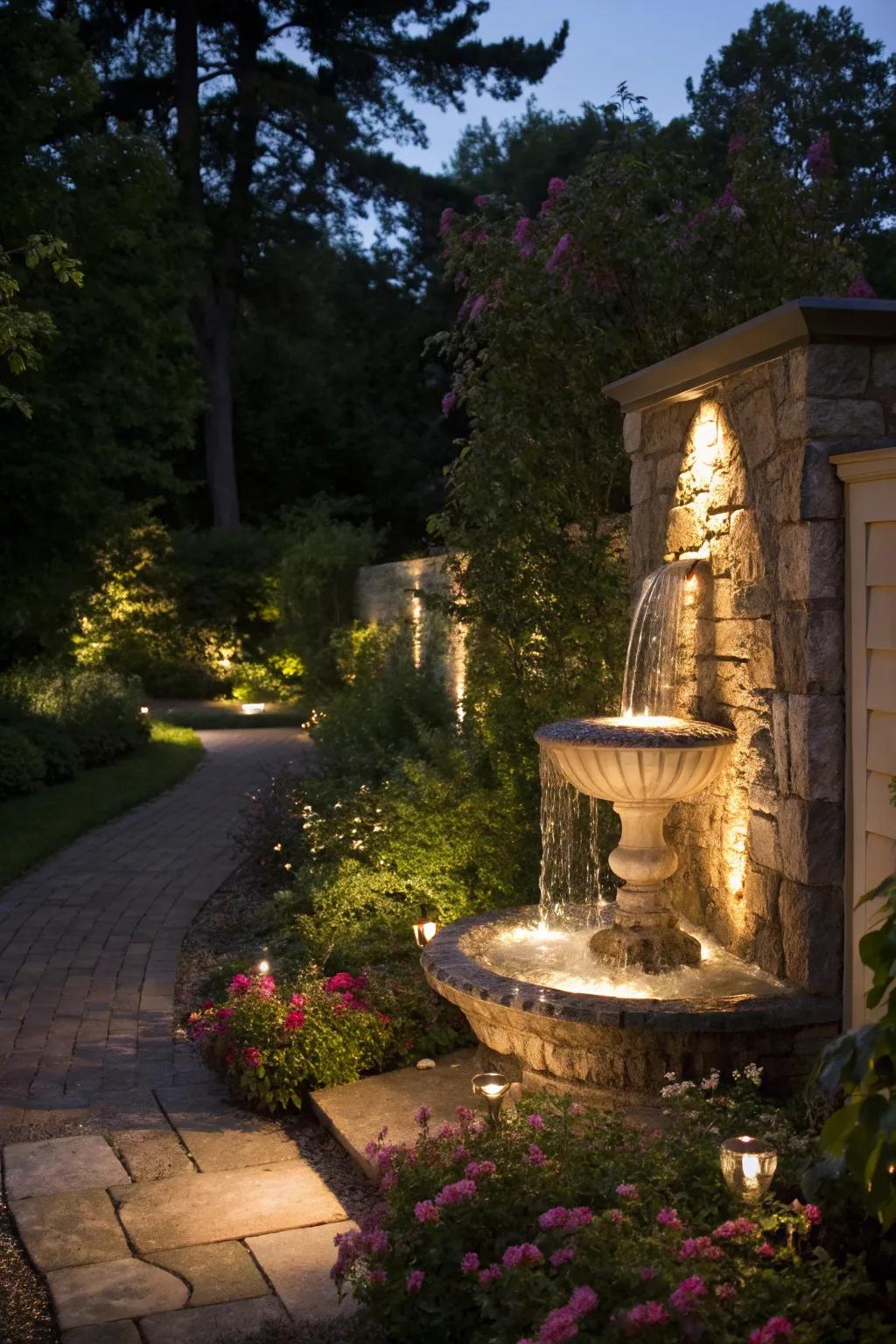 Integrated lighting introduces a magical touch to wall fountains at night.