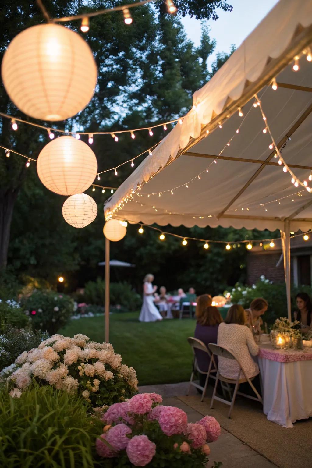 Surrounding luminescence establishes a bewitching tone for an evening baby shower.