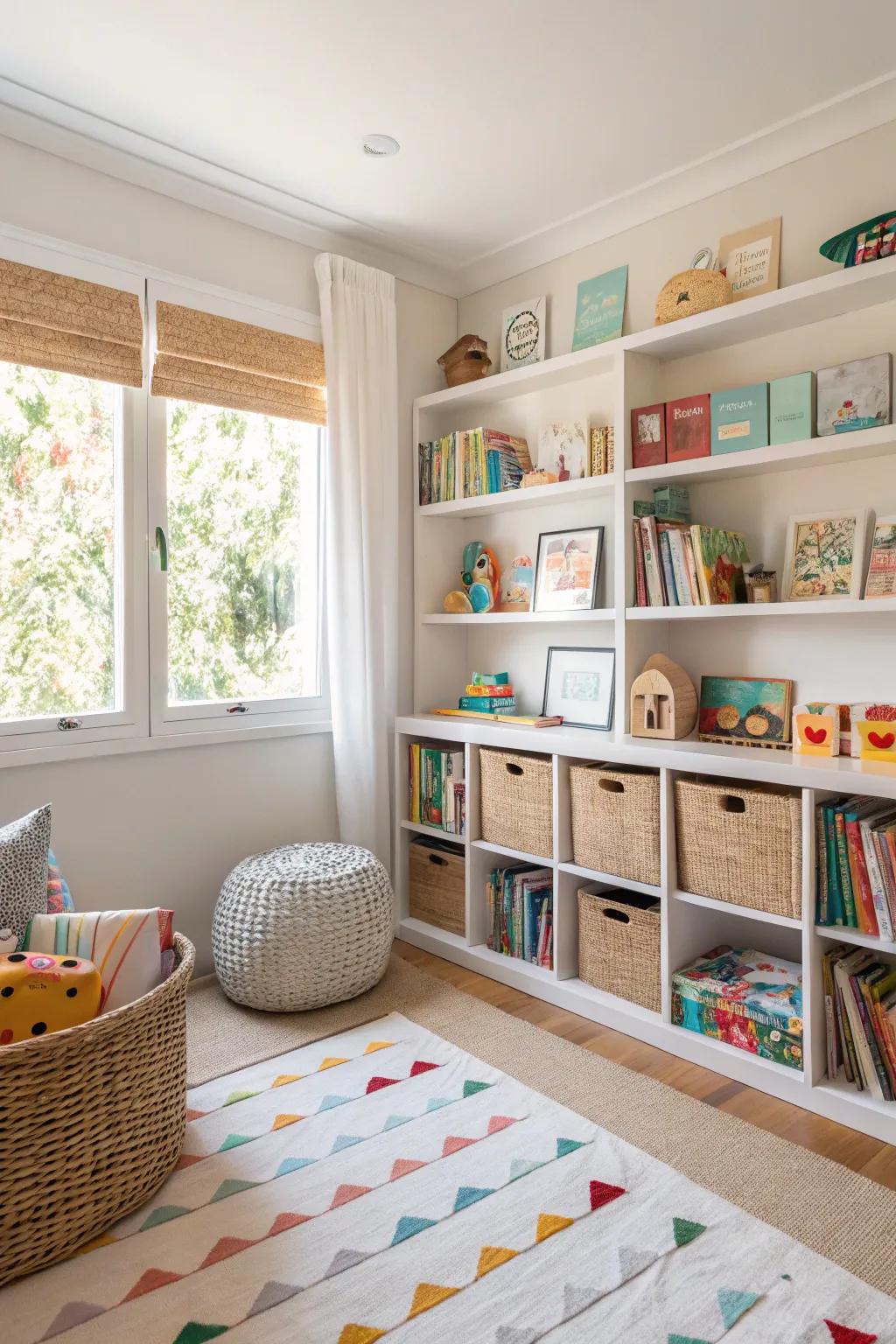 Practical embellishments uphold the nursery's order and sophistication, presenting functional storage resolutions.