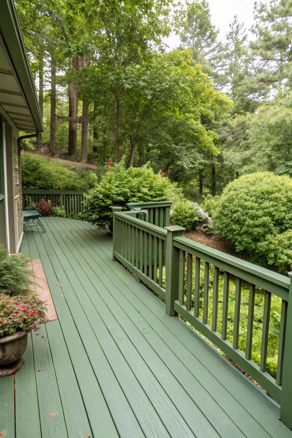 A deck in earthy green tones, seamlessly integrating with the natural landscape.