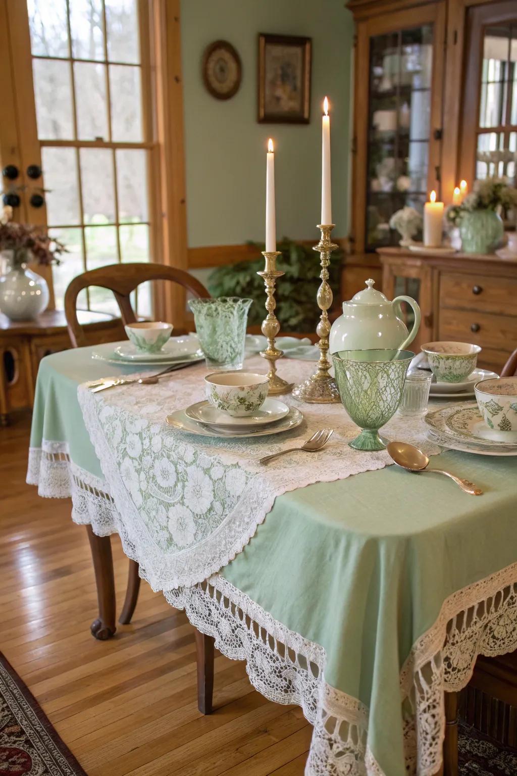 Sage green evokes a charming vintage feel on your dining table.