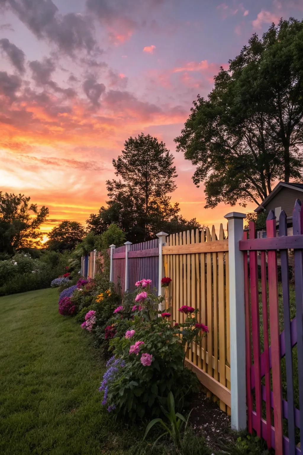 A picket fence radiating with tints evocative of a sundown.