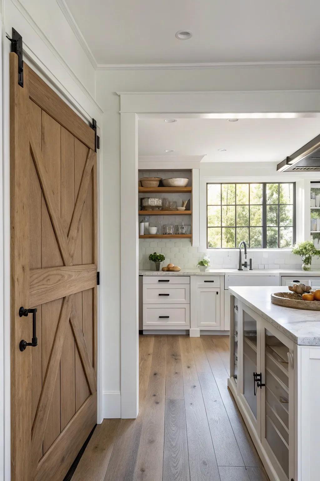 A fluid scheme where pantry entrances intermingle with woodwork.