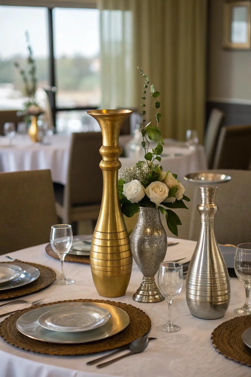 A luxurious, metallic centerpiece highlighted by gold and silver tones.