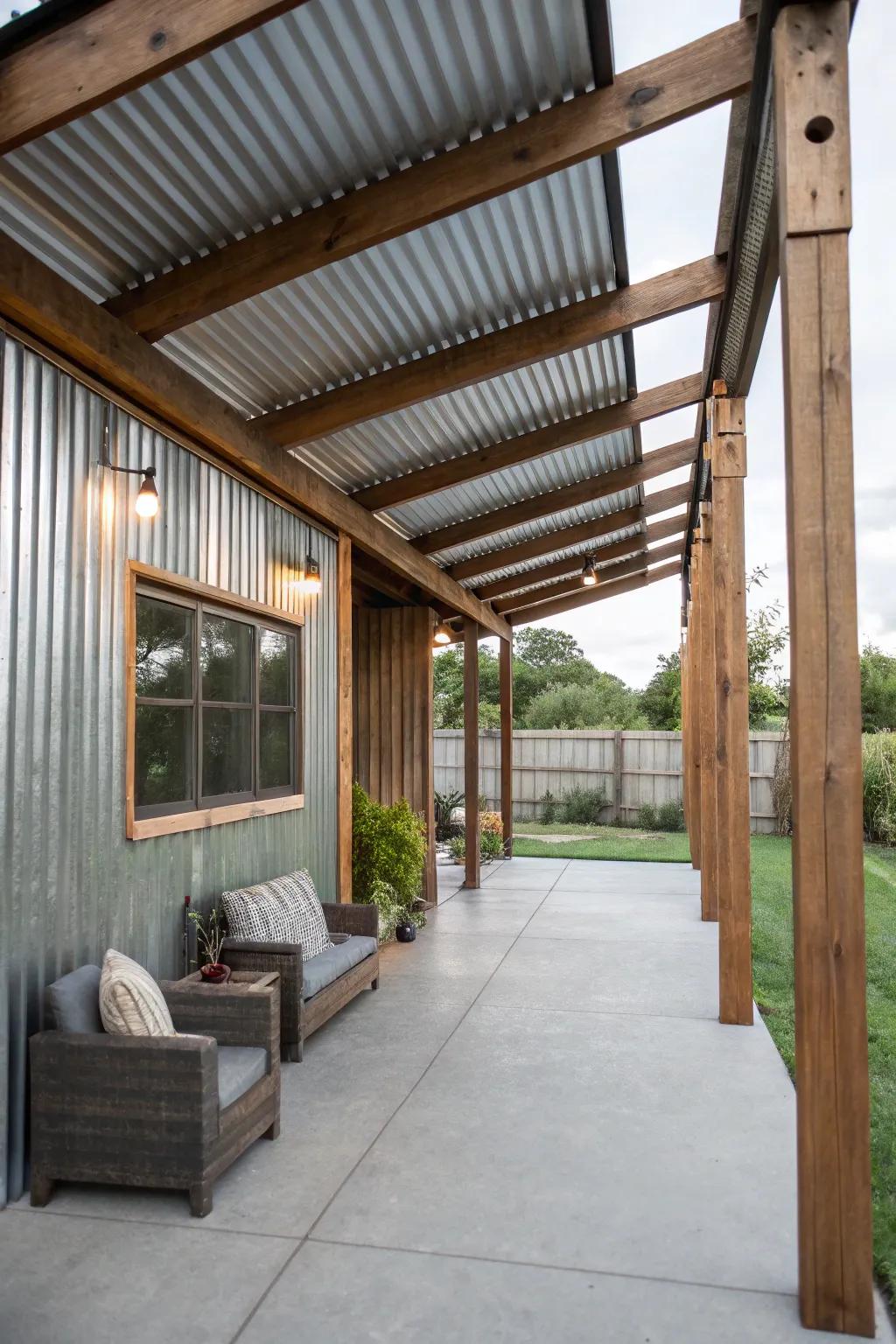 The amalgamation of corrugated metal and timber furnishes a patio style that is both industrial and chic.
