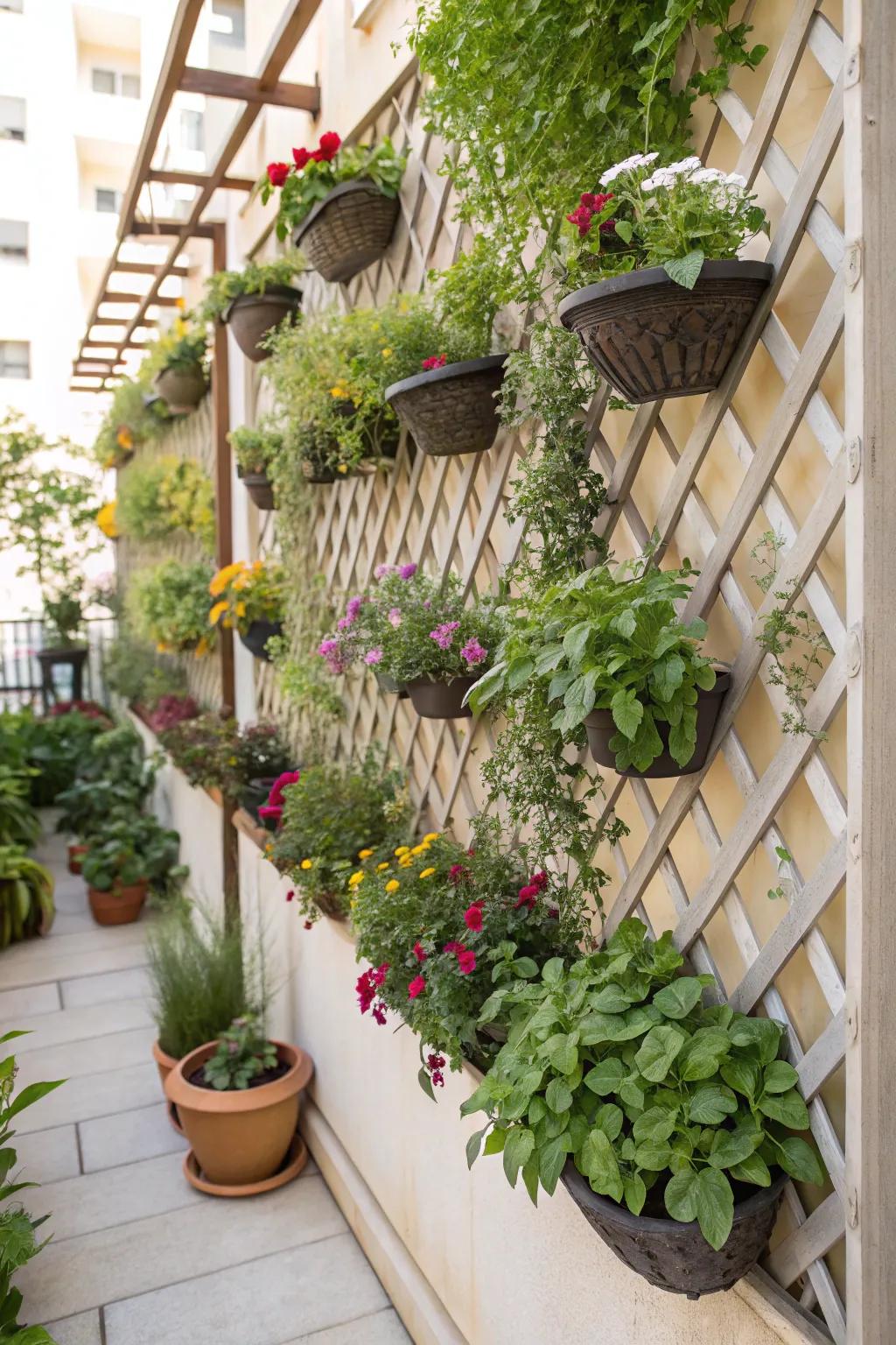 A lattice vertical garden wall keeps fresh herbs and flowers within reach.