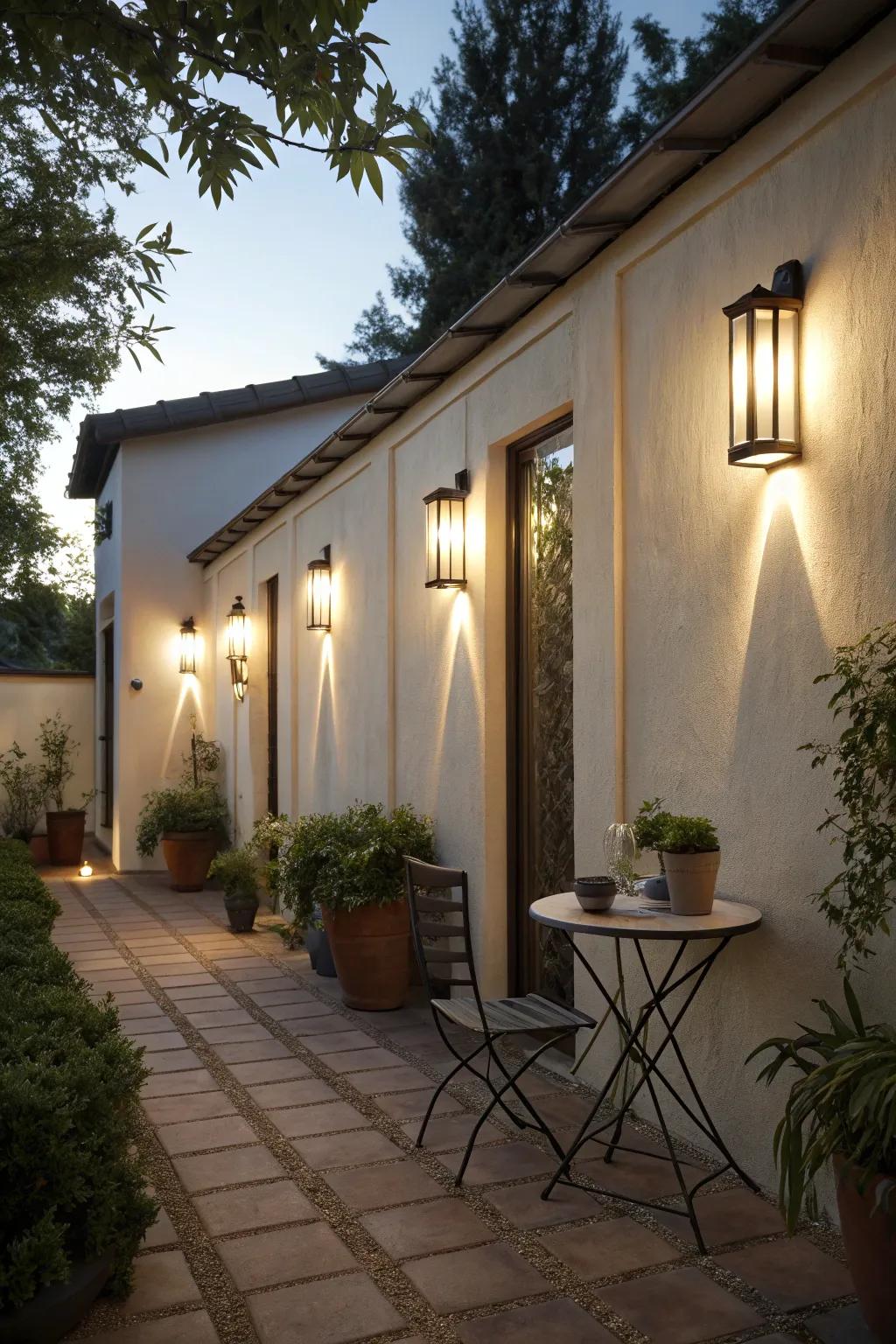 Partition-affixed lights intensify vertical expanses and enhance outdoor sectors.