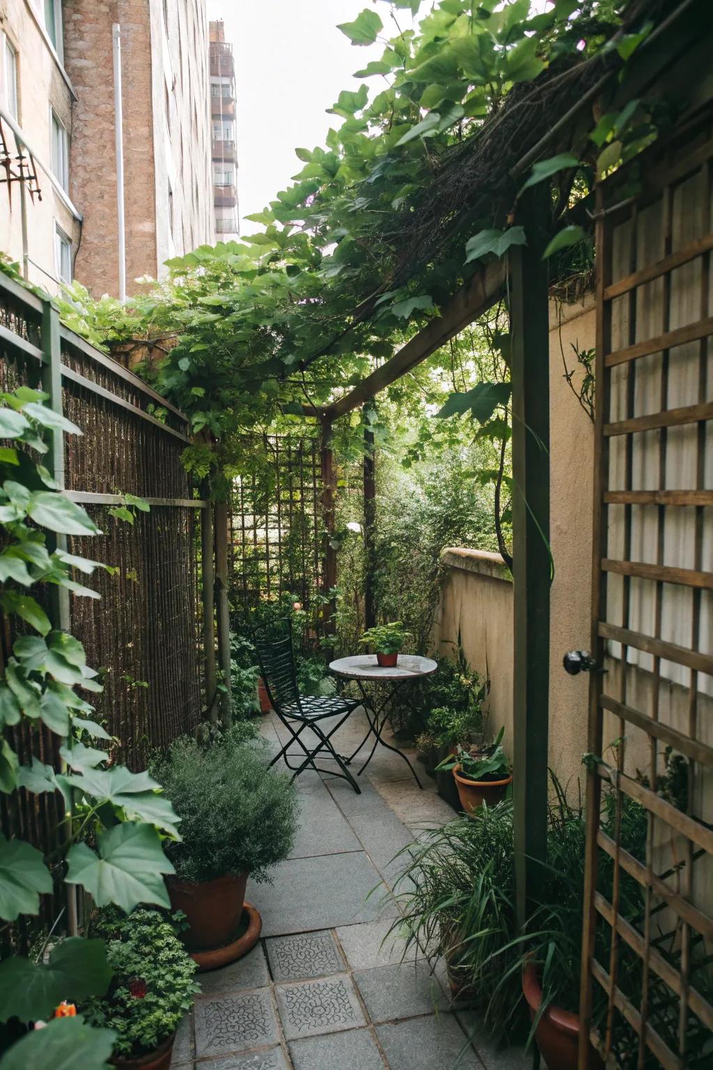 Tall flora and supports turn a small patio into a private haven.