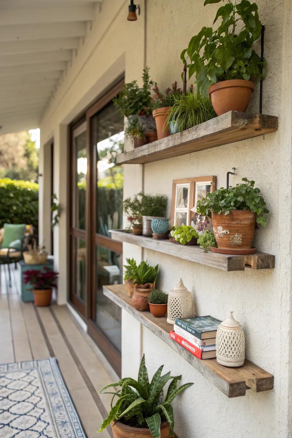 Floating shelves extend both panache and storage solutions on the patio wall.