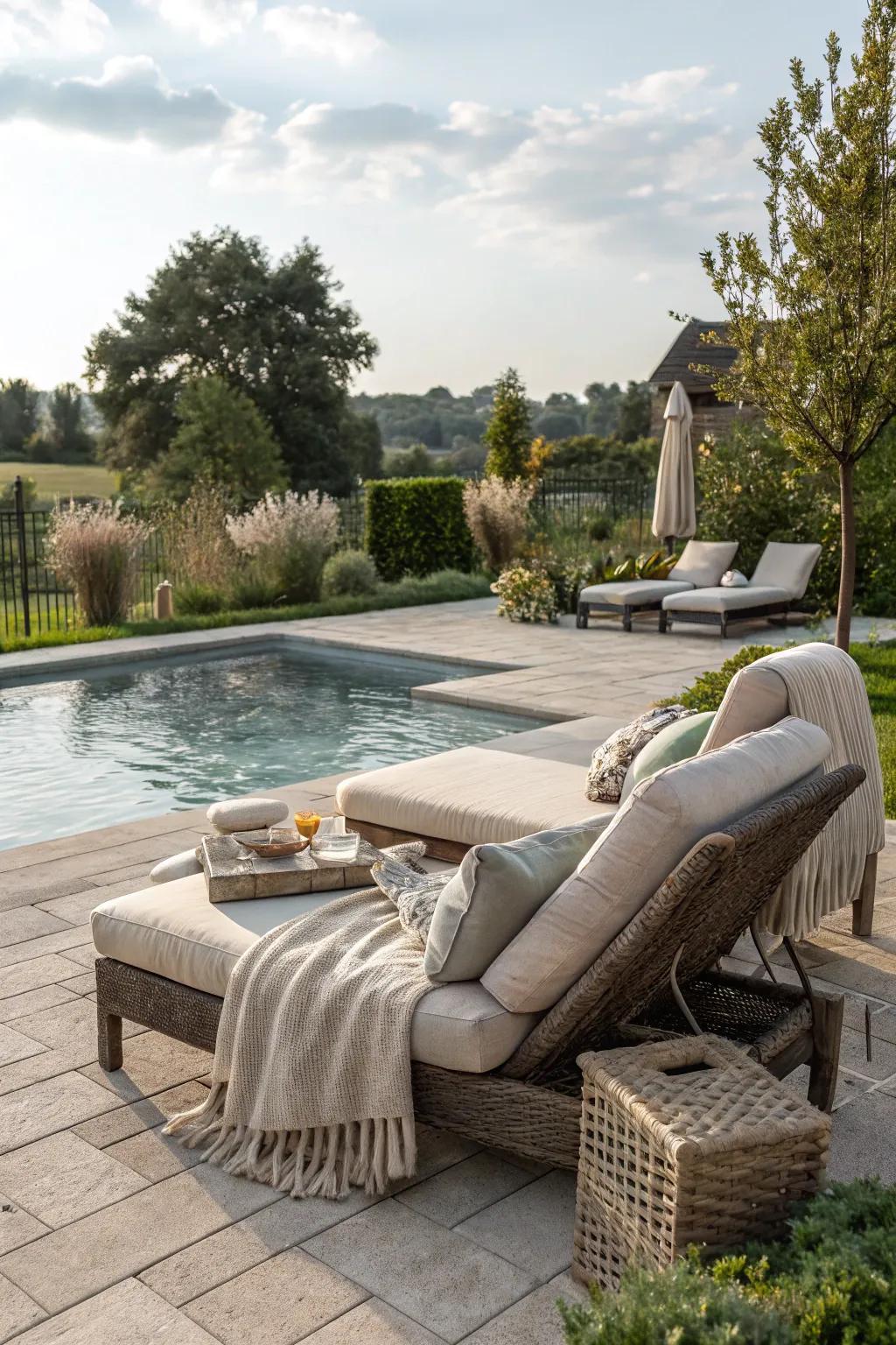 A comfy sitting space encourages socializing and rest by the pool.