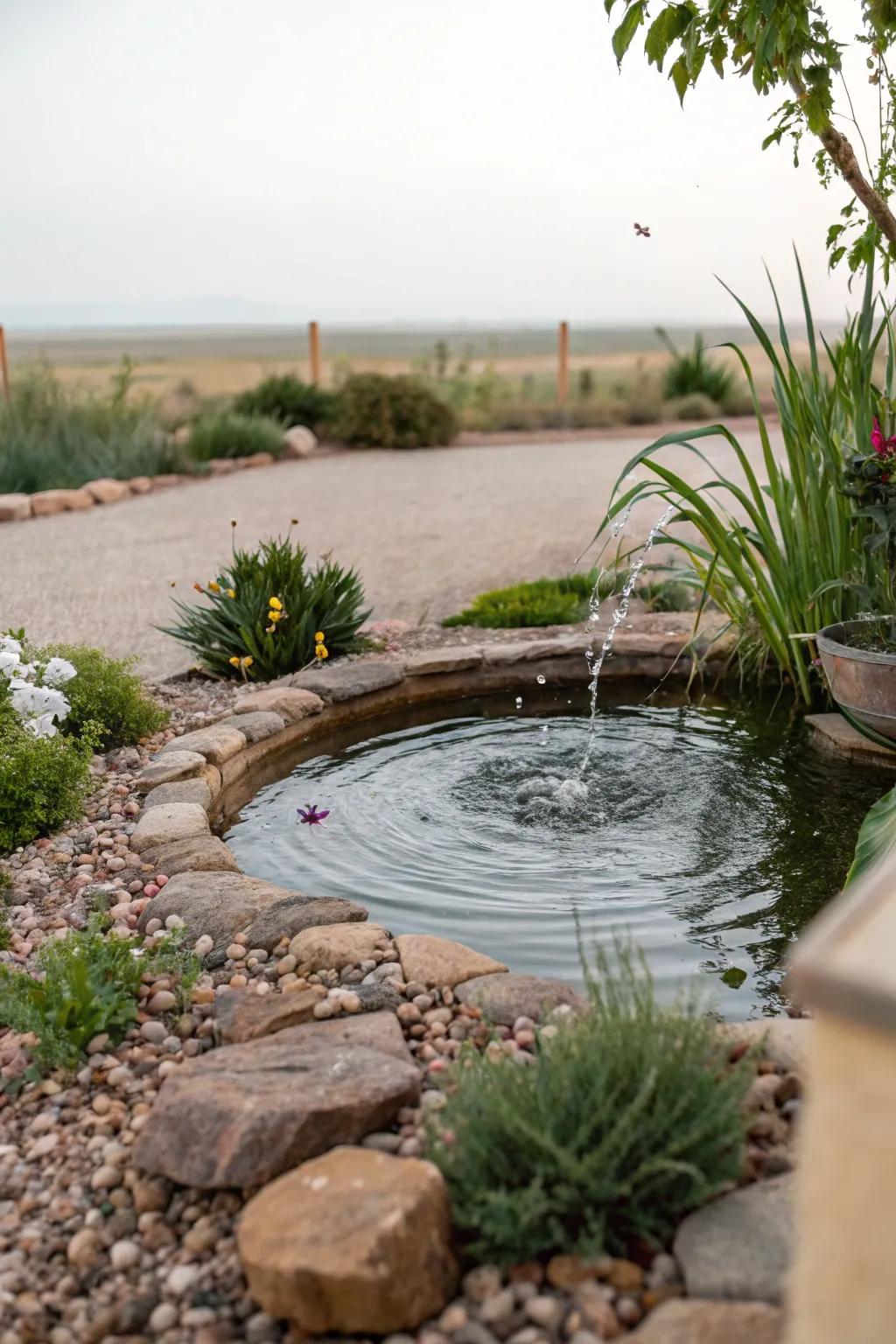 Introduce tranquility with a pea gravel water feature.