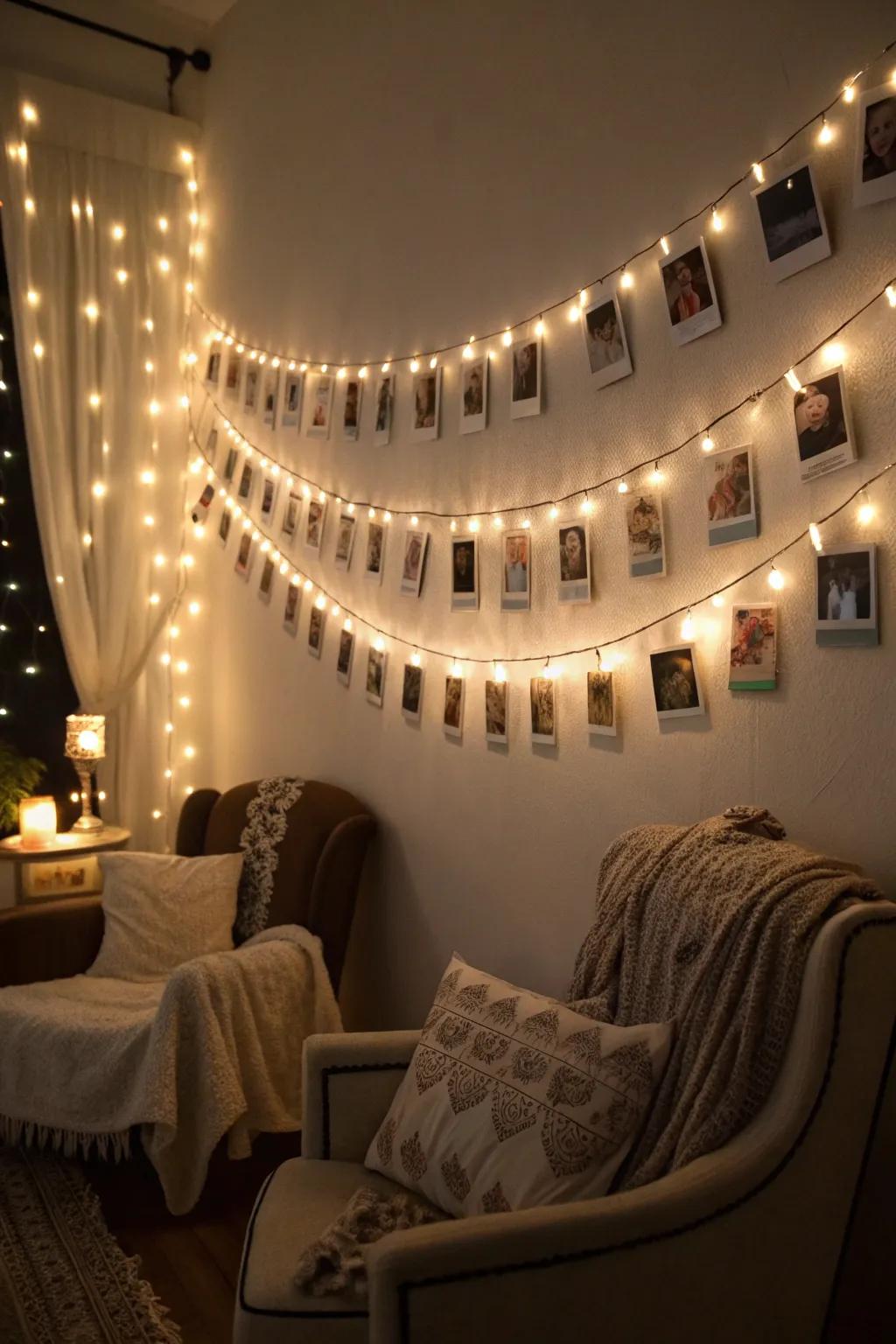 A reminiscence garland featuring photos and fairy lights.