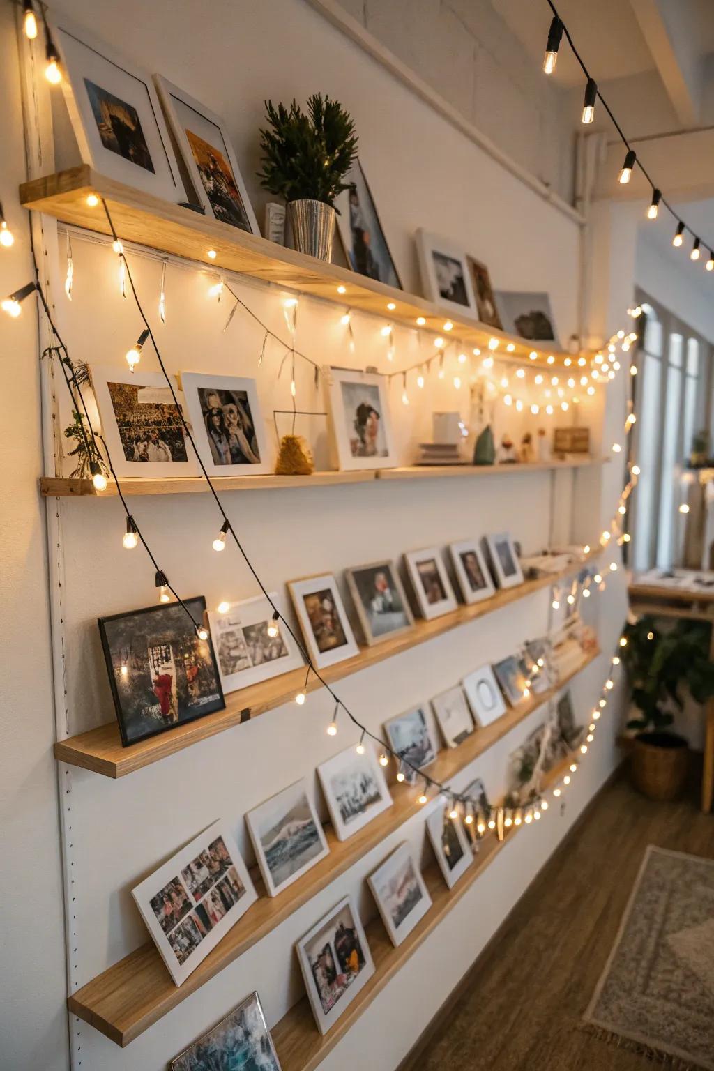 Shelving with lights appends depth and practicality.