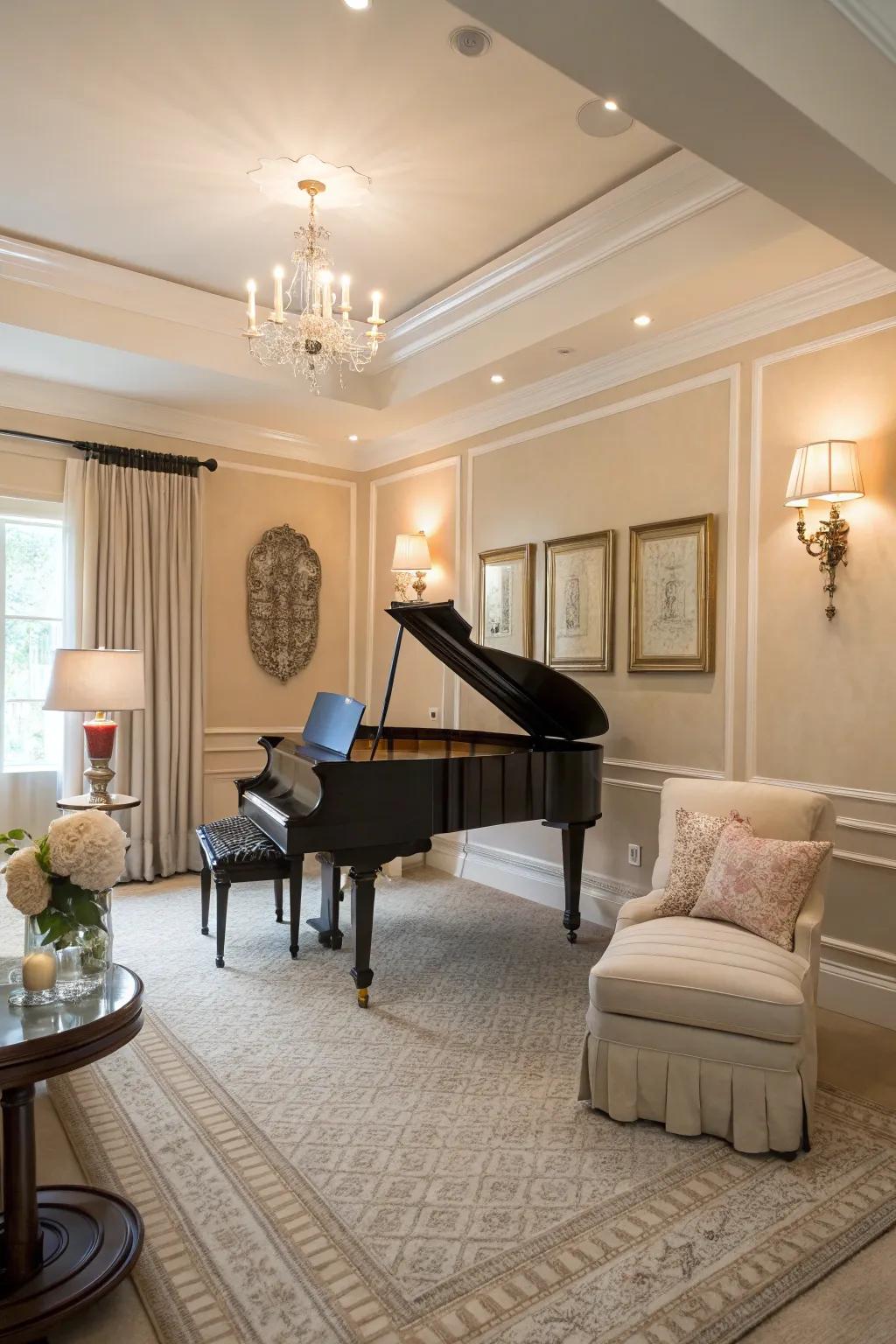 A neutral palette creates a calm and inviting atmosphere in the piano room.