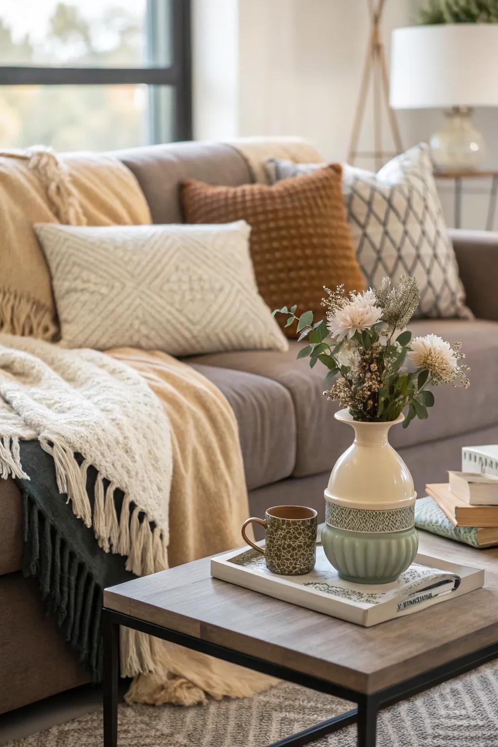Layered throws on a couch, showcasing a mix of textures and colors.