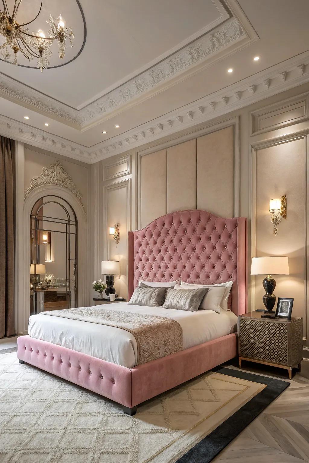 A dramatic and opulent space featuring a large pink headboard.