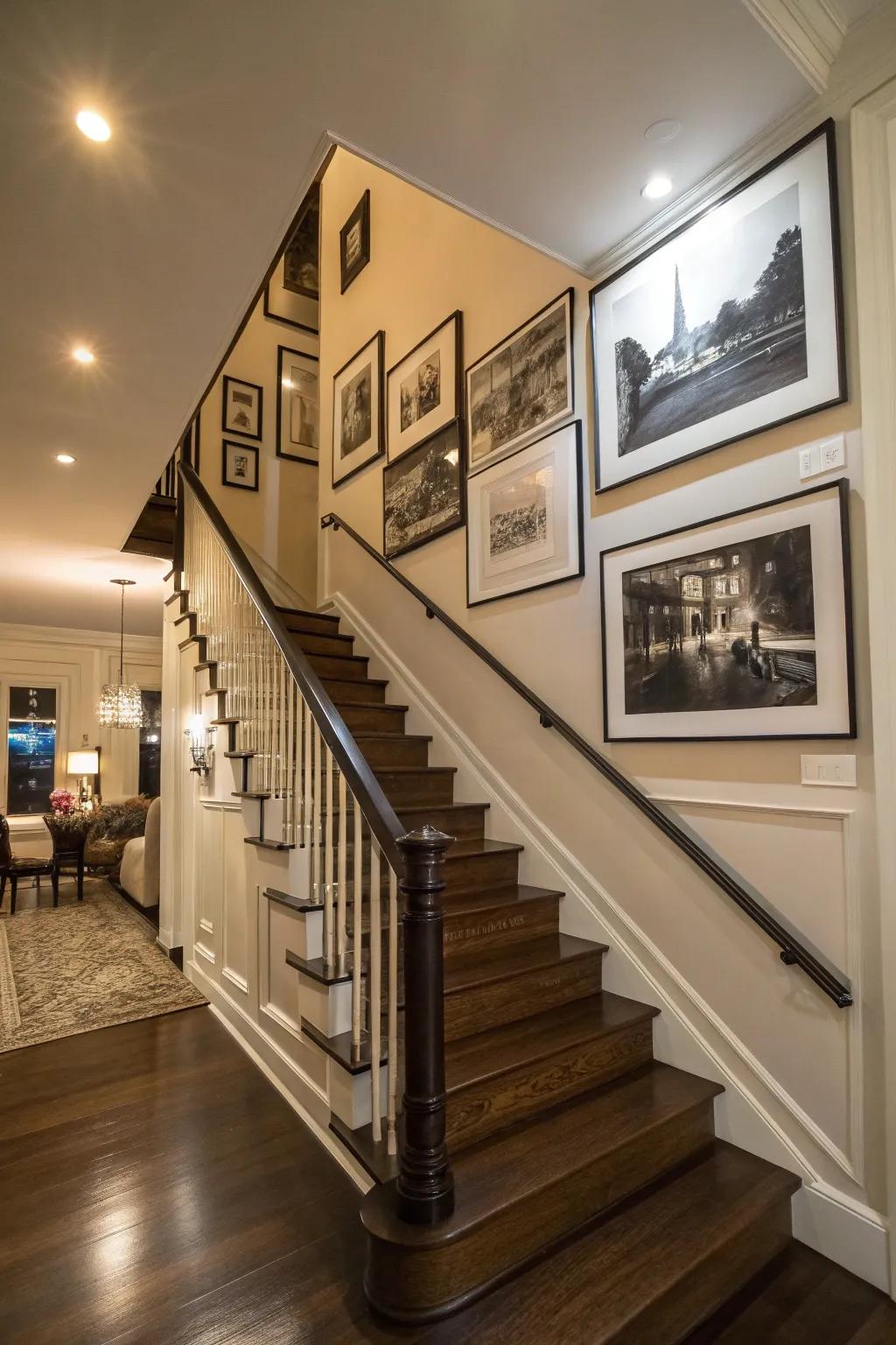 A monochromatic photographic print introducing elegance to a stairway wall.