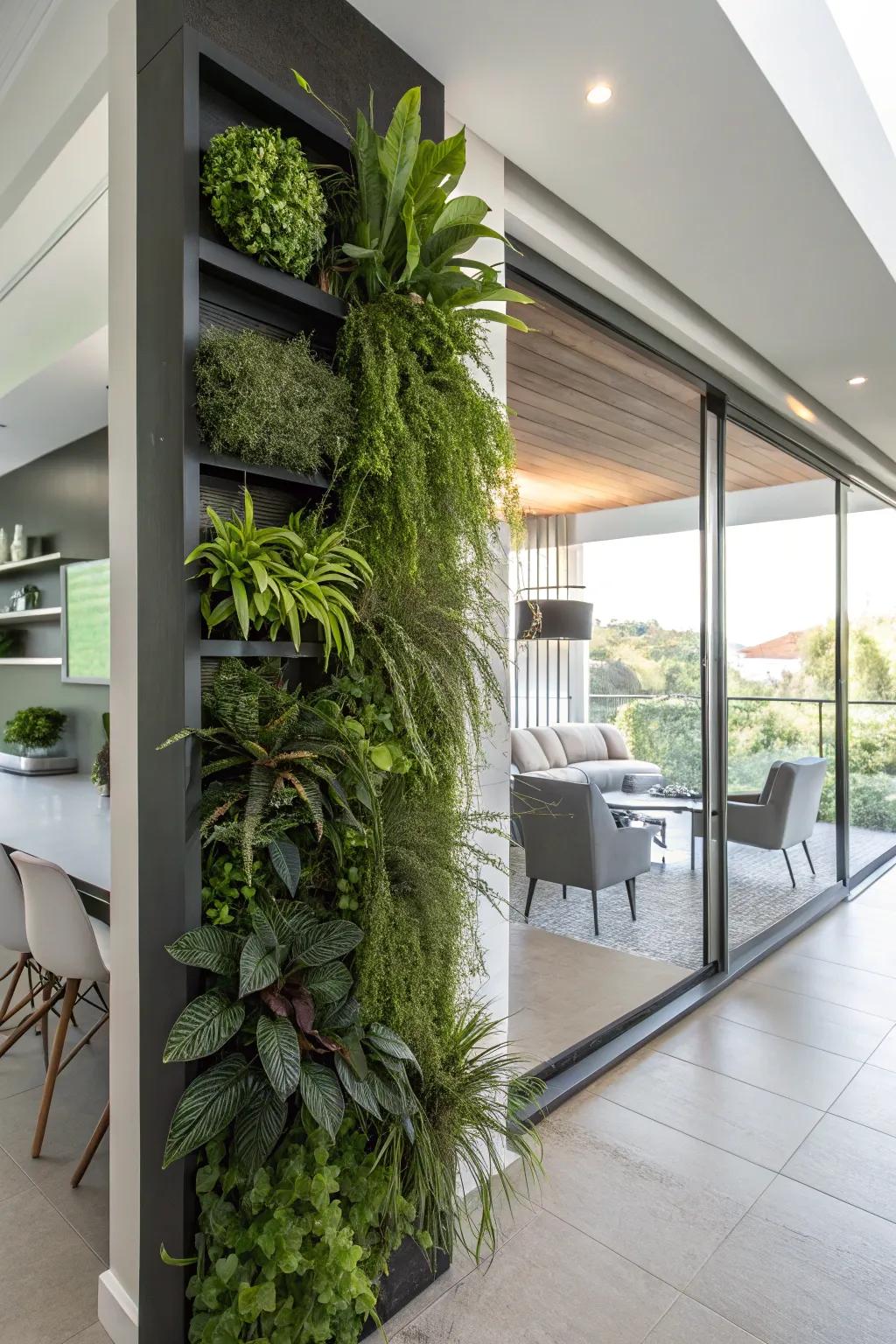 Conserve floor space with a wall-mounted botanical exhibition.