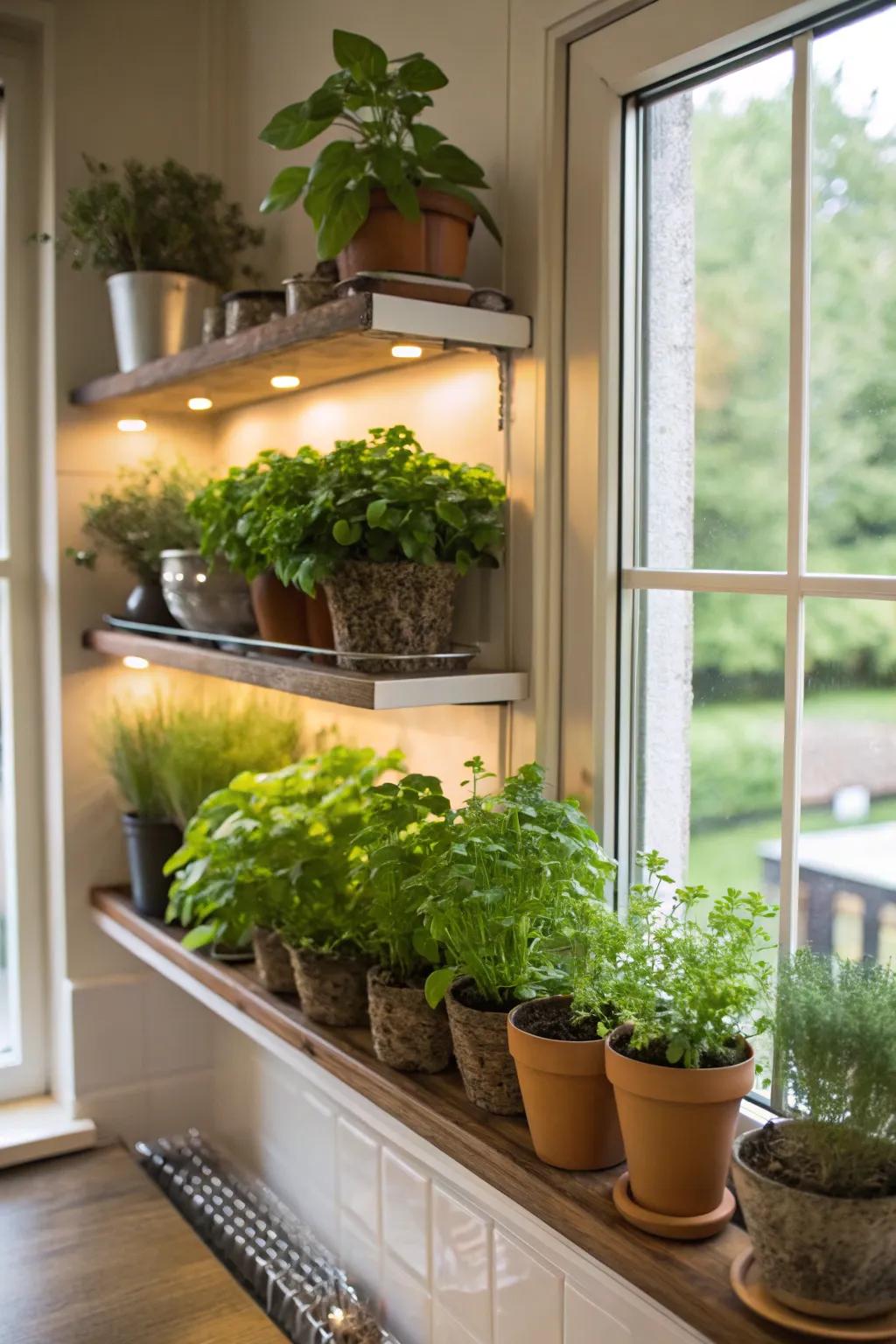 Sun-drenched splendor with window plant shelves.