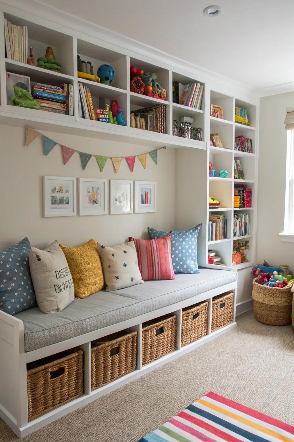 A functional playroom showcases an integrated storage seating arrangement.