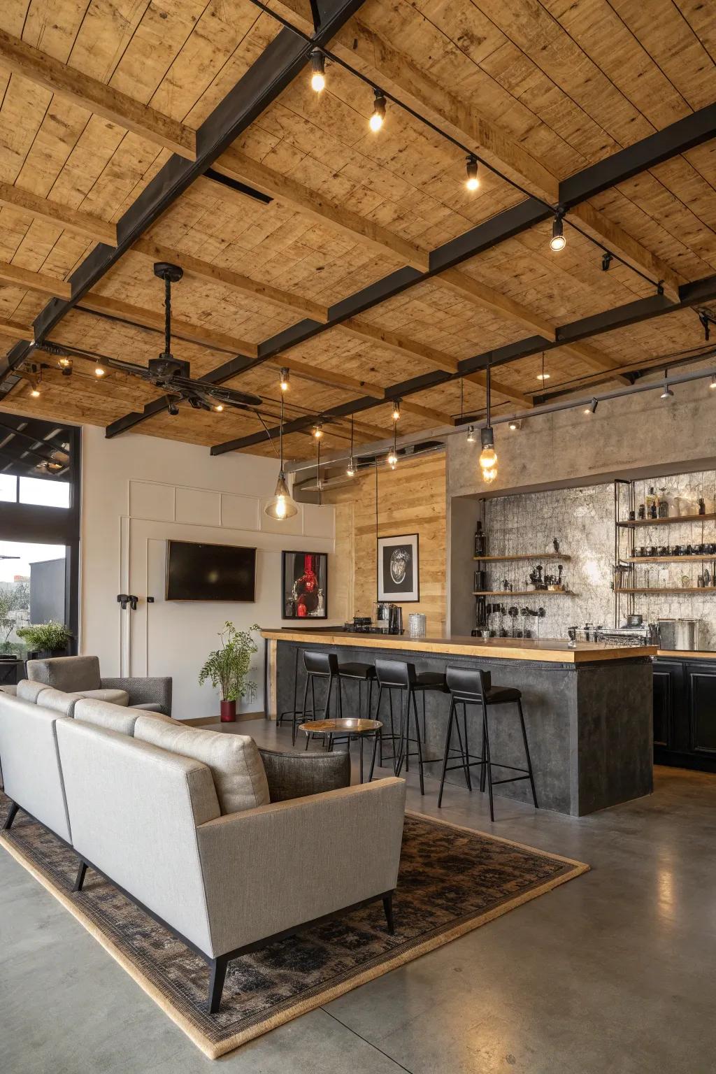 An industrial visual with plywood and exposed supports contributing dimensionality to the roof.