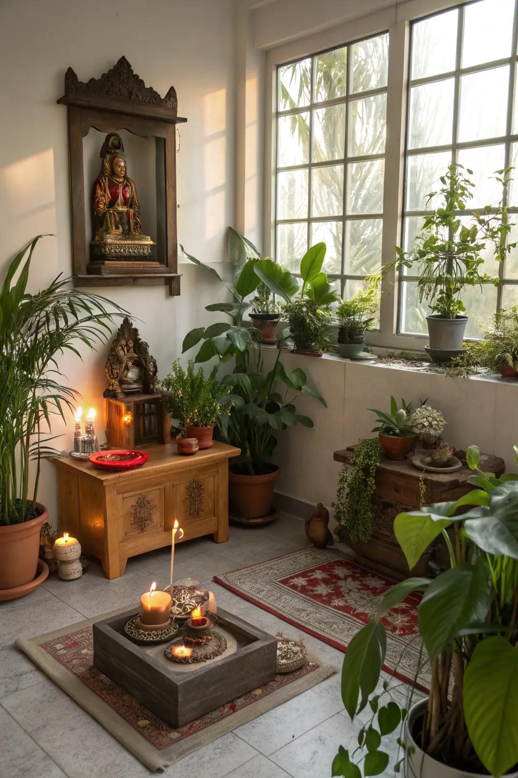 Natural elements such as plants introduce freshness and peace to this pooja room.