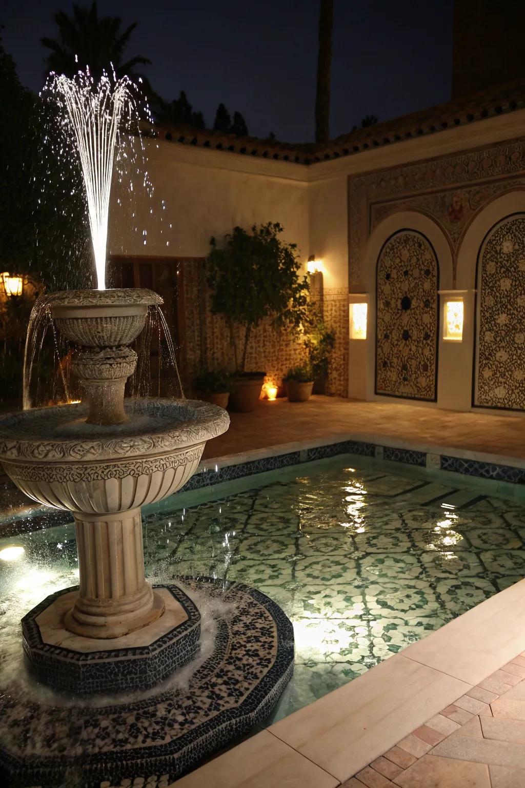Spotlighting transforms a fountain into a stunning nighttime feature.