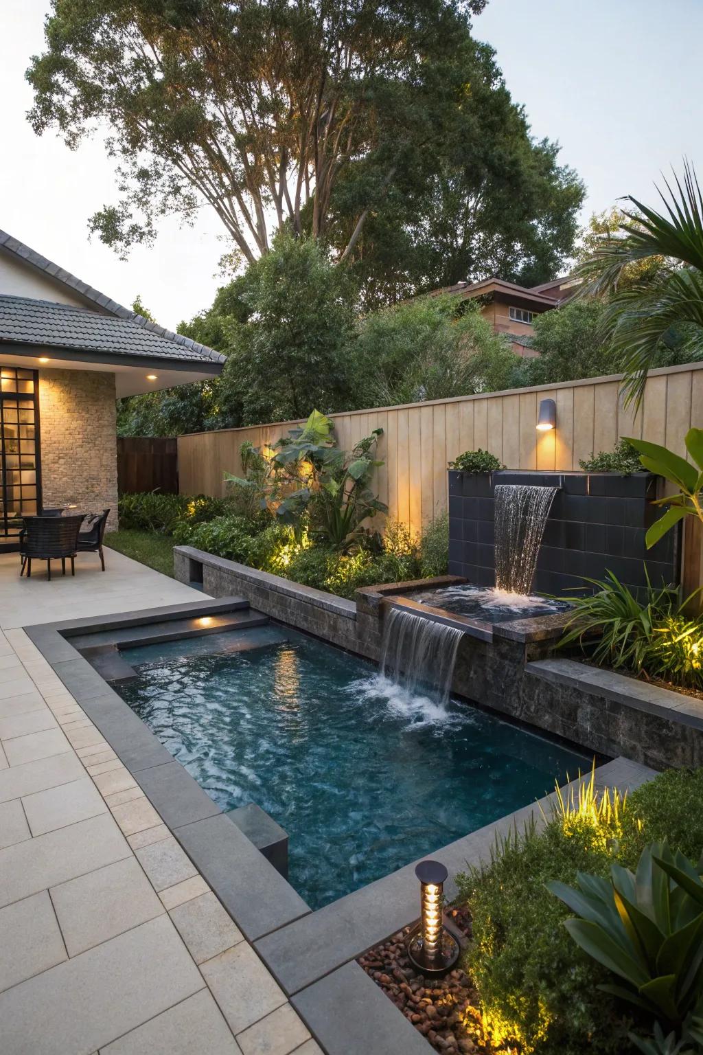 Water features bring a calming and lively aspect to the pool area.