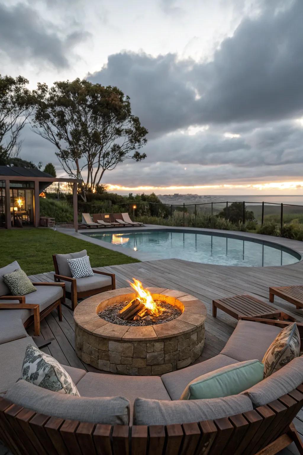A fire element adds warmth and invites cozy gatherings by the pool.