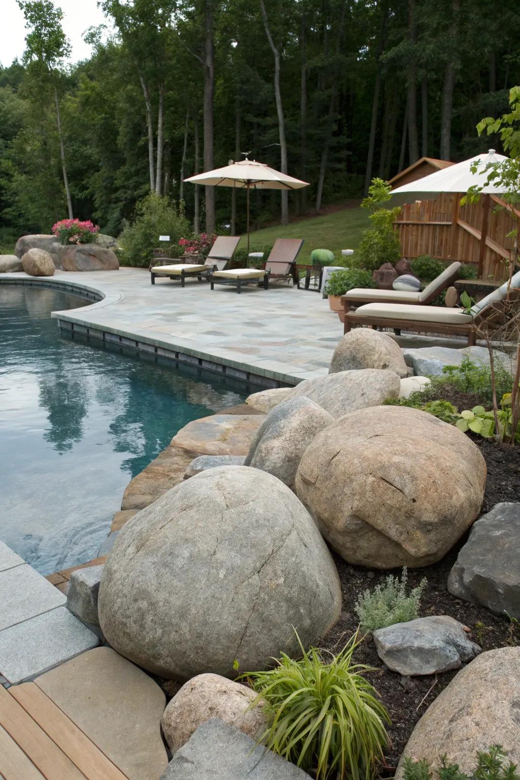 Boulders bring a dramatic and natural element to pool surroundings.