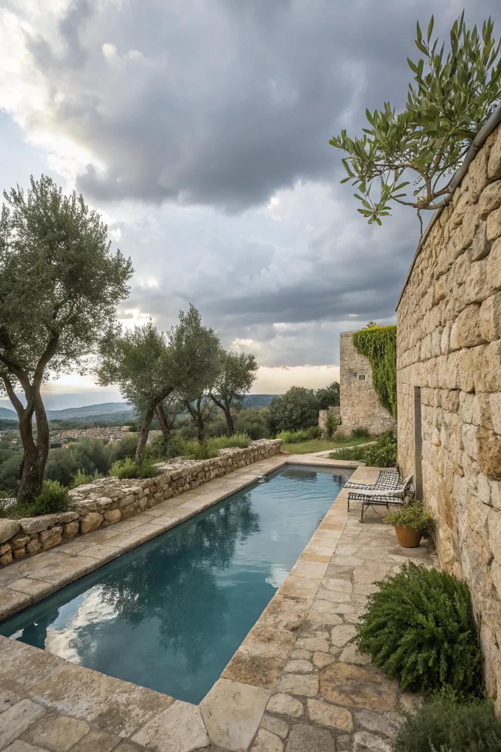 Natural stone contributes warmth and a country charm to pool surroundings.