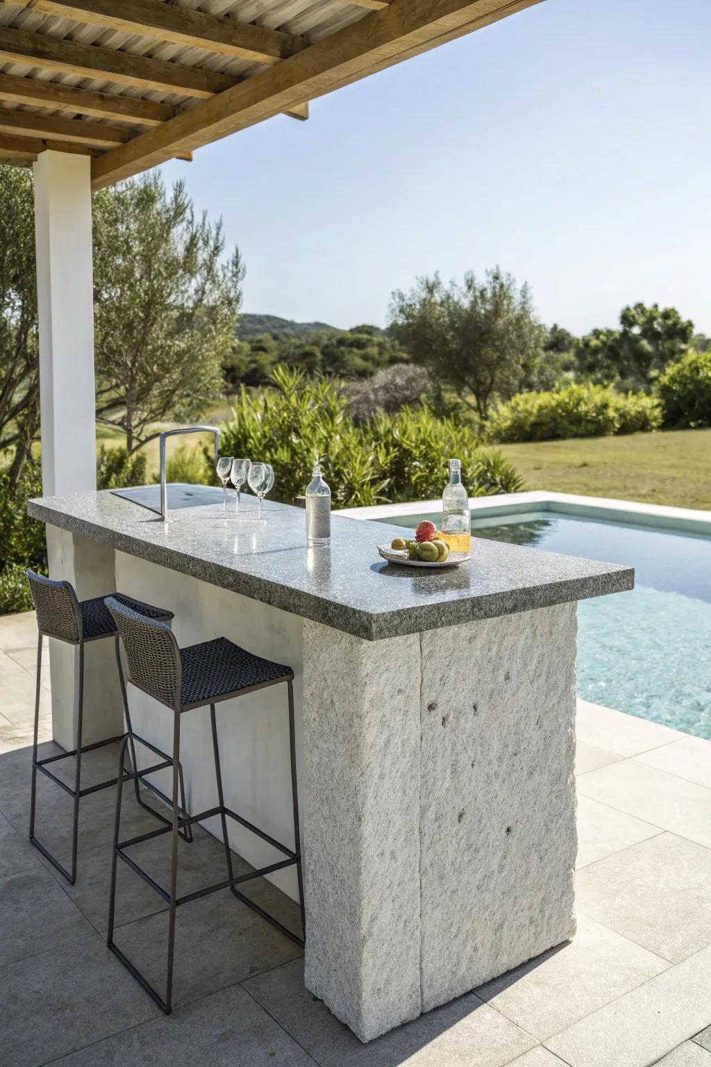 A stone wet bar appends a nuance of elegance to your poolside.