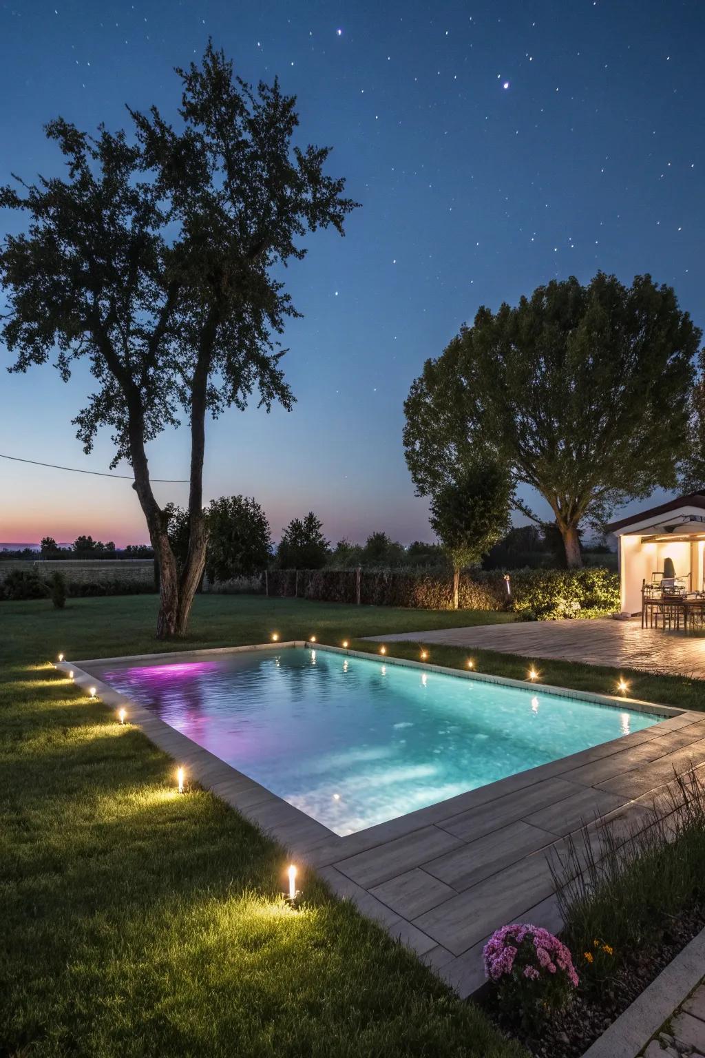 A splendidly lit pool delivering a captivating nighttime experience.