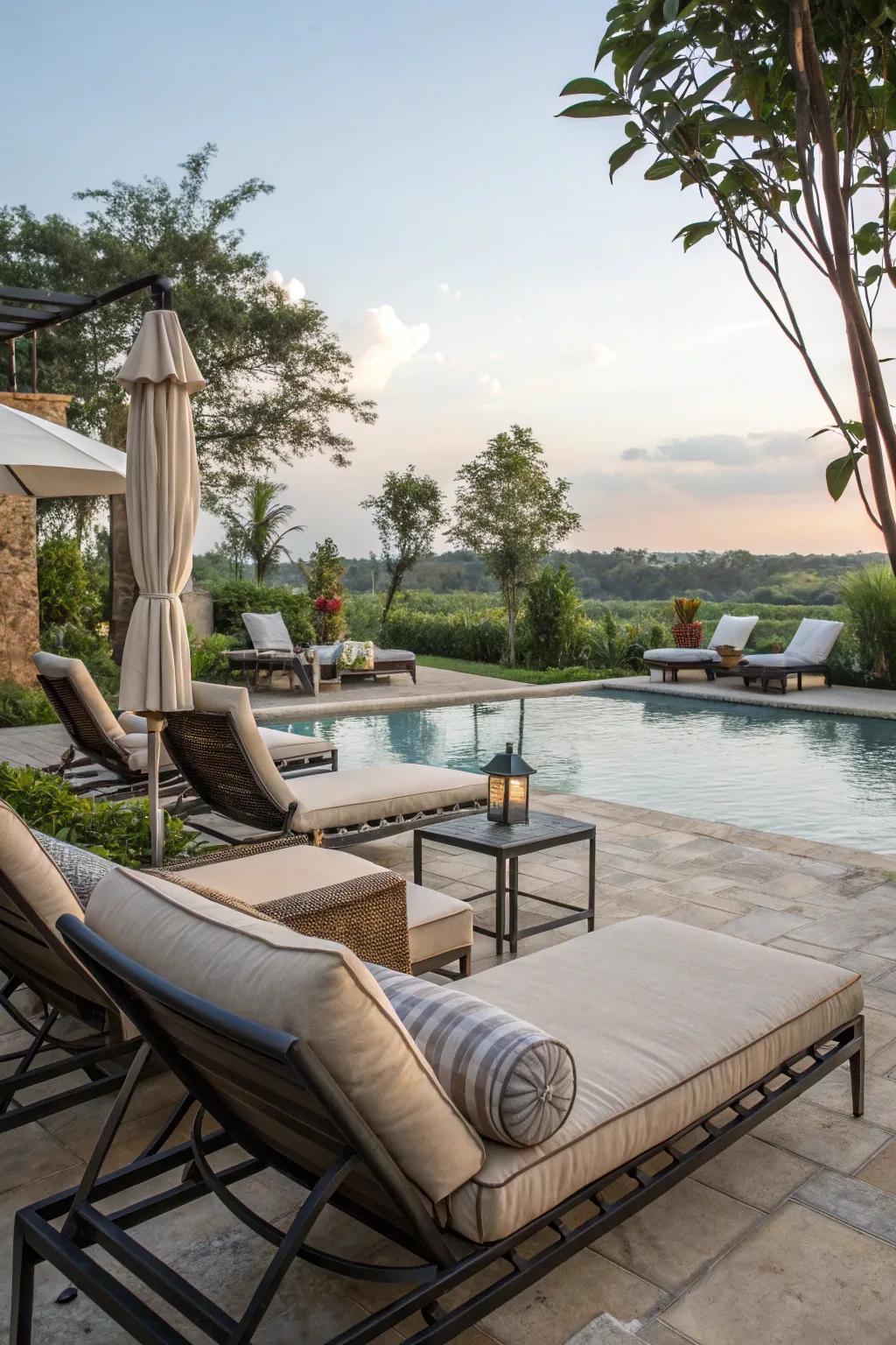 An inviting poolside lounge space equipped with comfortable chairs.