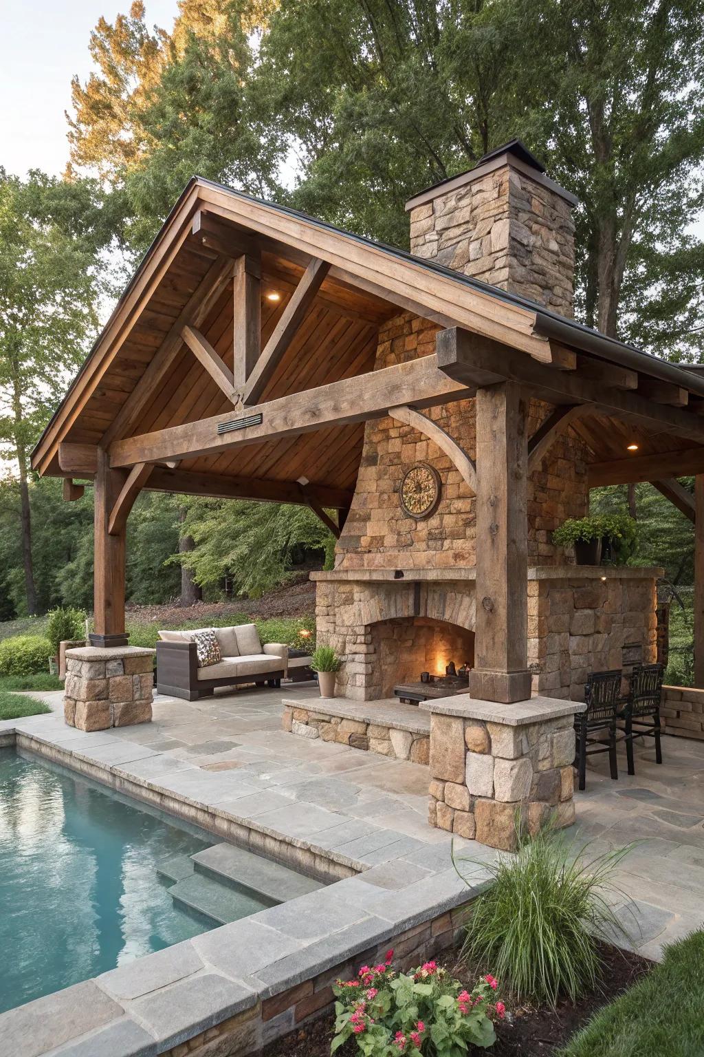Rustic stone and timber shelters propose a snug, mountain retreat atmosphere.
